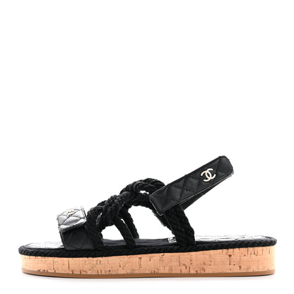 Chanel Cord Lambskin Quilted Logo Sandals 39 Black 1 of 10
