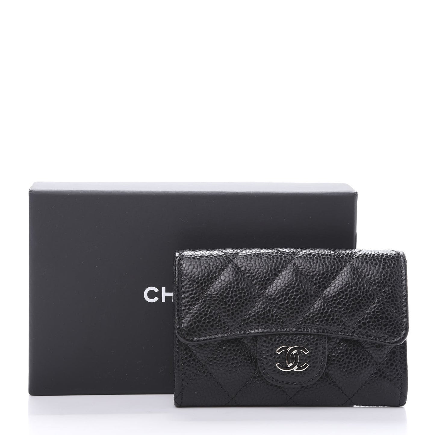 Caviar Quilted Flap Card Holder Wallet Black