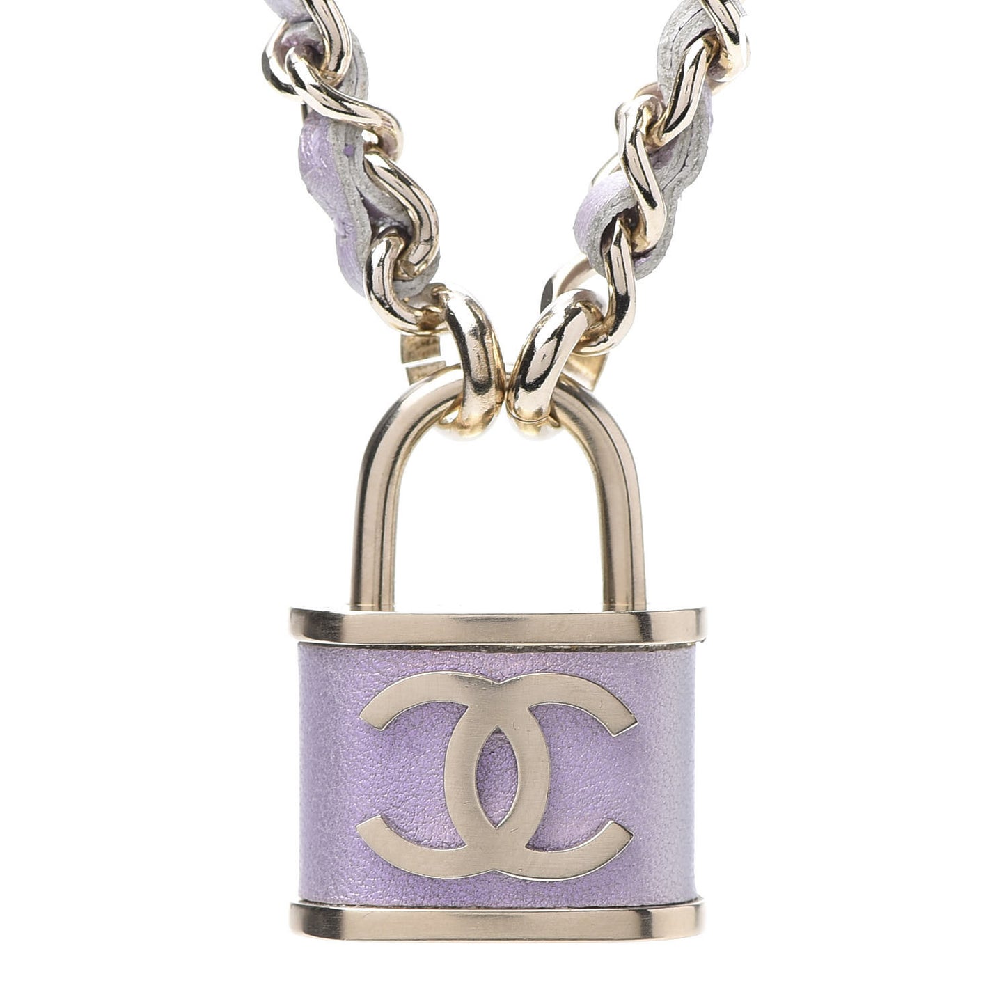 Calfskin Metal Padlock Necklace Gold Iridescent Purple