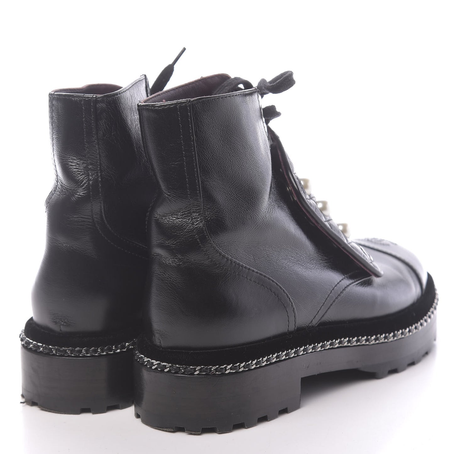 Crackled Calfskin Velvet Pearl Combat Short Boots 36 Black