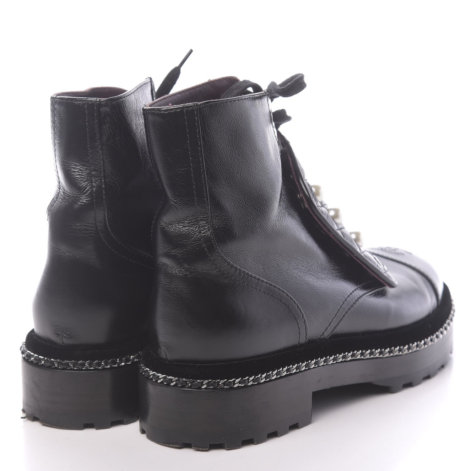 Chanel Crackled Calfskin Velvet Pearl Combat Short Boots 36 Black 4 of 9