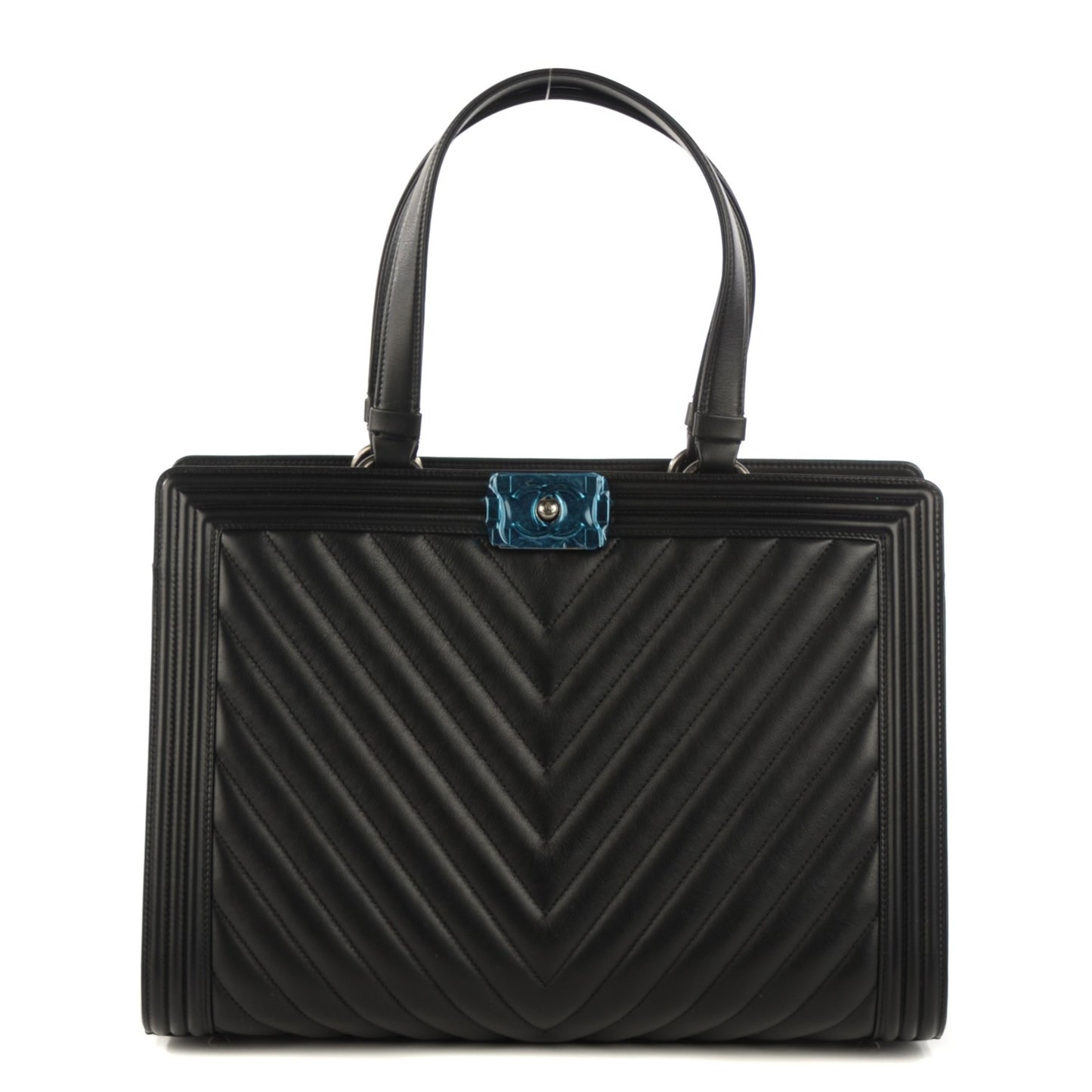 Calfskin Chevron Quilted Boy Shopping Tote Black