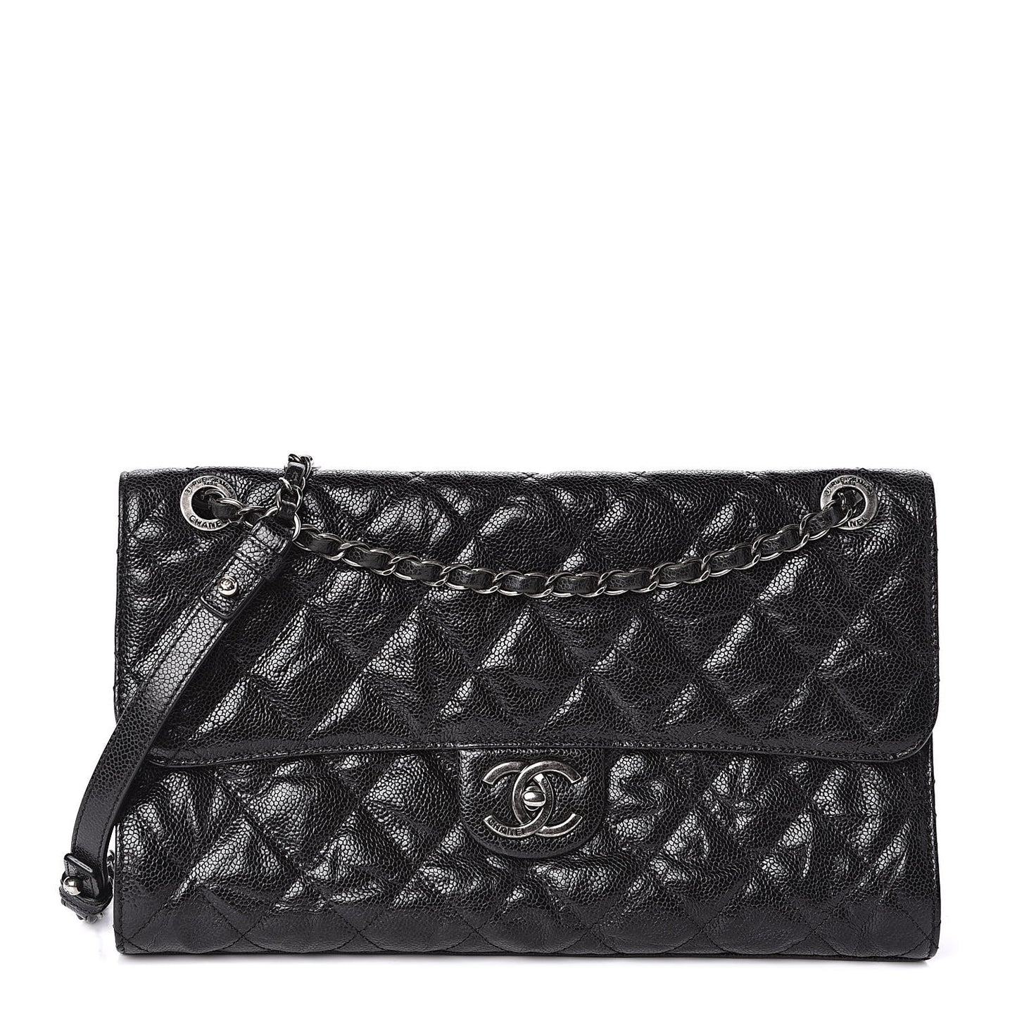 Crumpled Grained Calfskin Jumbo CC Crave Flap Black