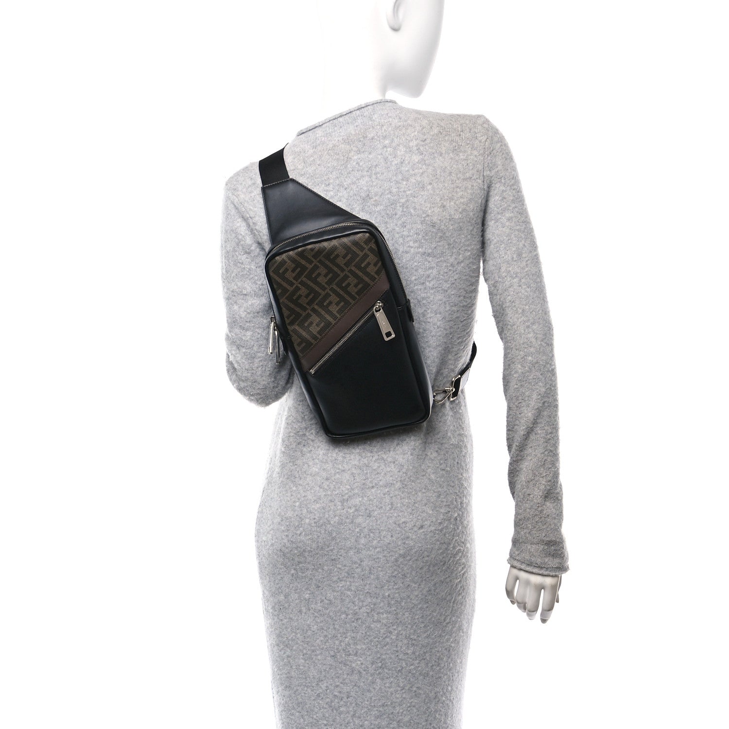 Fendi Glazed Fabric Vitello Liberty FF 1974 Diagonal Sling Bag Tobacco Moresco Black 2 of 12