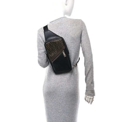 Fendi Glazed Fabric Vitello Liberty FF 1974 Diagonal Sling Bag Tobacco Moresco Black 2 of 12