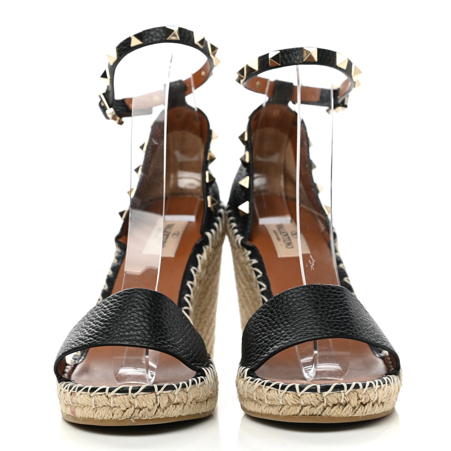 Grained Calfskin Rockstud Ankle Strap Espadrille 15/105mm Wedge Sandals 39 Black Light Cuir Natural