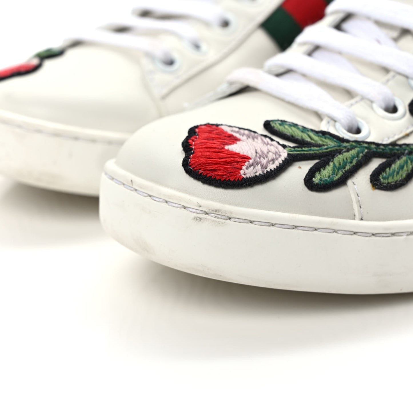 Calfskin Web Floral Embroidered Womens Ace Sneakers 35.5 White
