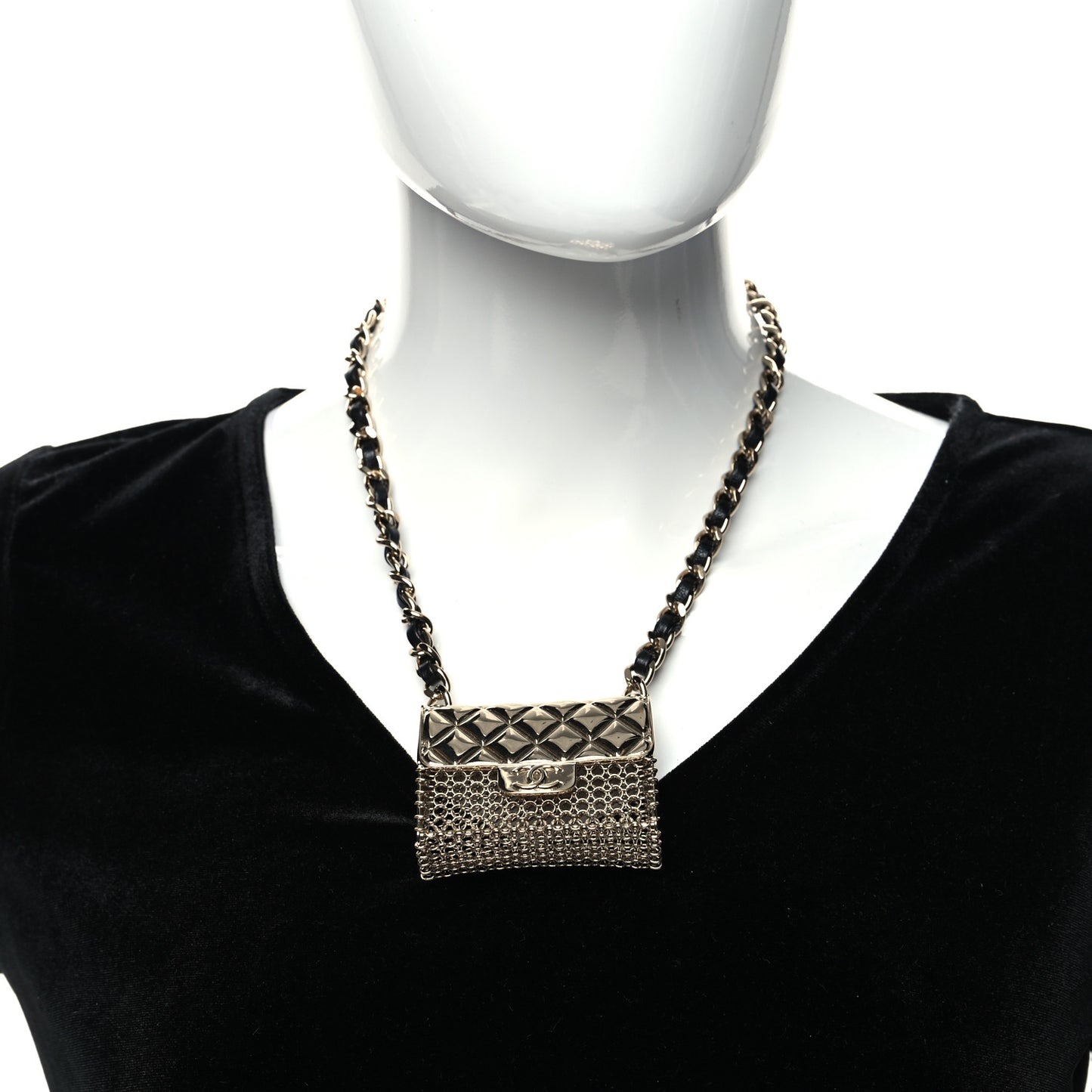 Metal Lambskin Chain Micro Bag Necklace Gold Black