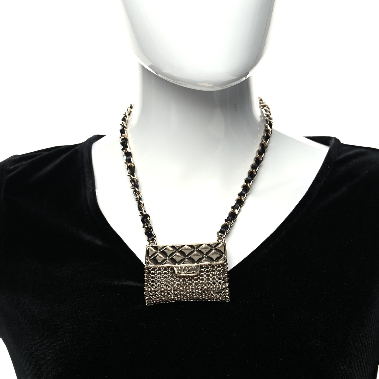 Chanel Metal Lambskin Chain Micro Bag Necklace Gold Black 2 of 5