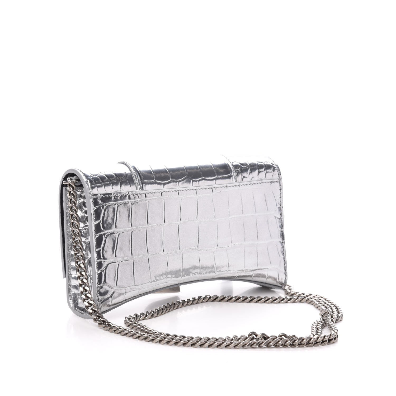 Balenciaga Metallic Calfskin Crocodile Embossed Hourglass Chain Bag Silver 3 of 9