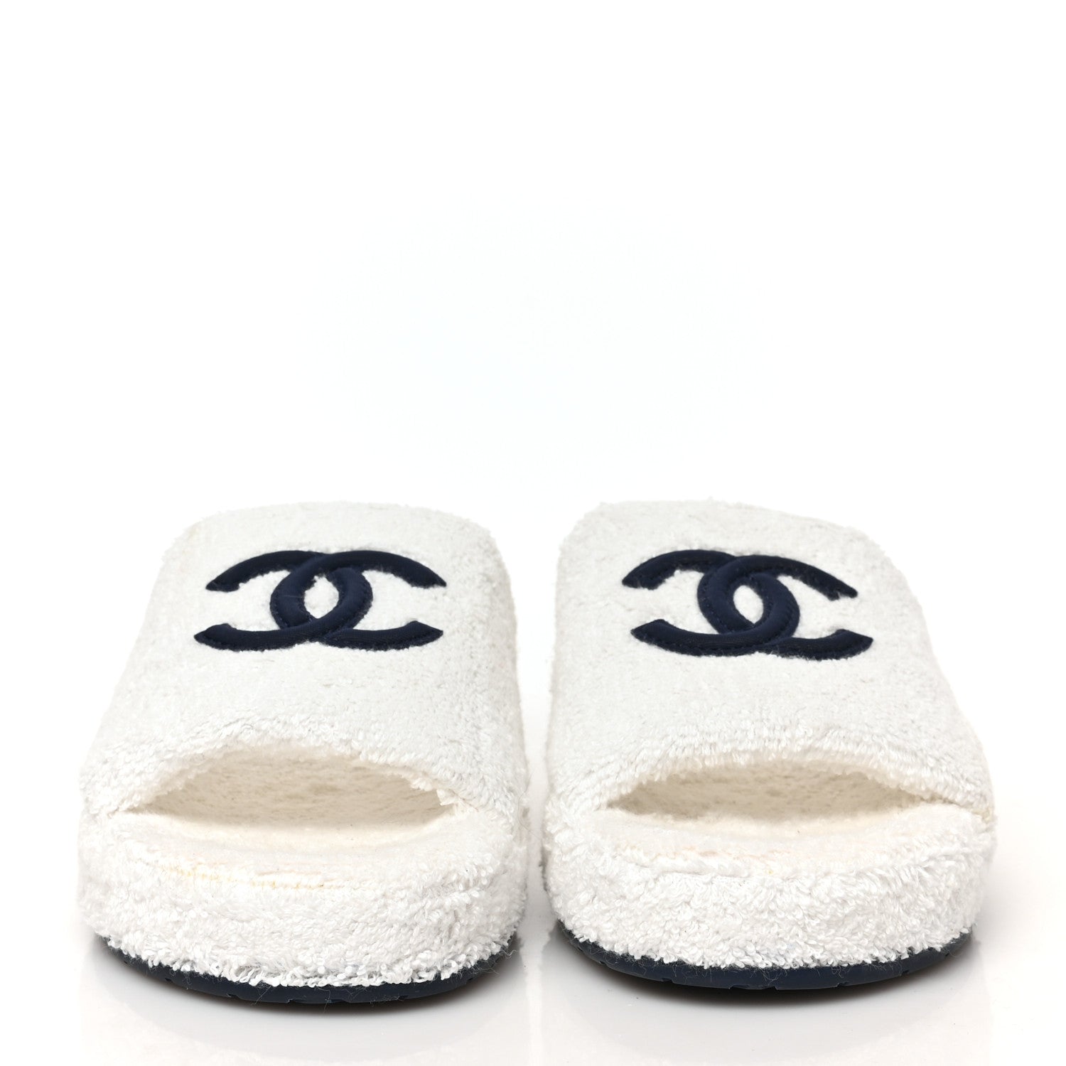 Chanel Terry CC Flat Mules Sandals 38 White Navy 3 of 16