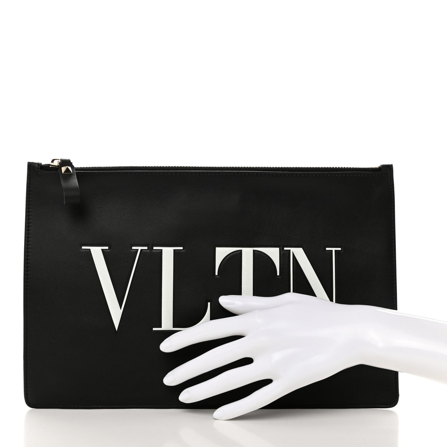 Calfskin VLTN Large Flat Zip Pouch Black