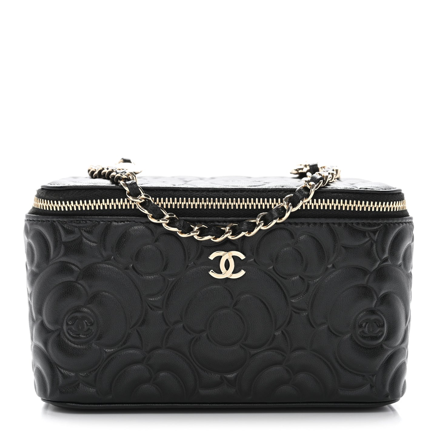 Lambskin Camellia Embossed Small Vanity Case With Chain Black