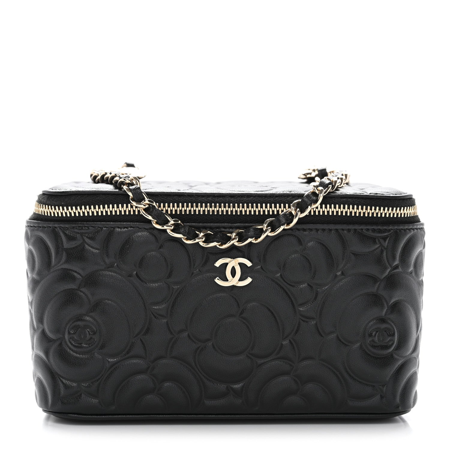 Chanel Lambskin Camellia Embossed Small Vanity Case With Chain Black 1 of 11