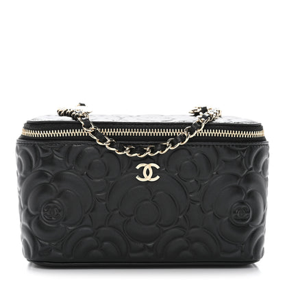 Chanel Lambskin Camellia Embossed Small Vanity Case With Chain Black 1 of 11