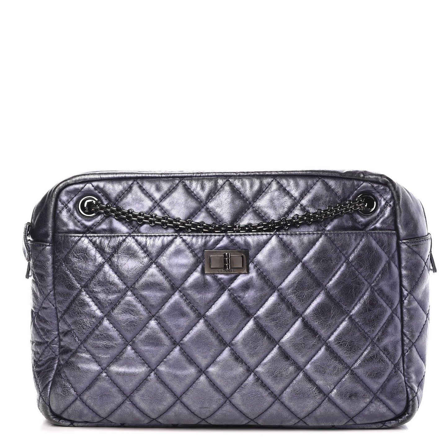 Metallic Aged Calfskin Quilted Large Reissue Camera Case Silver