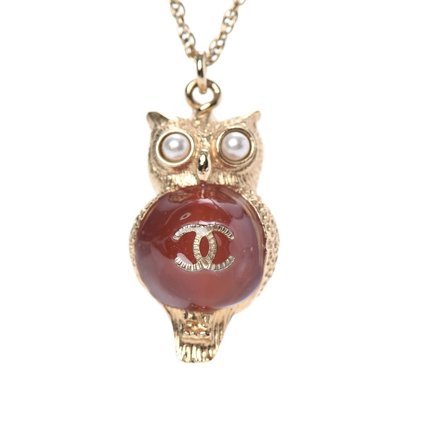 Resin Pearl CC Owl Necklace Gold Orange
