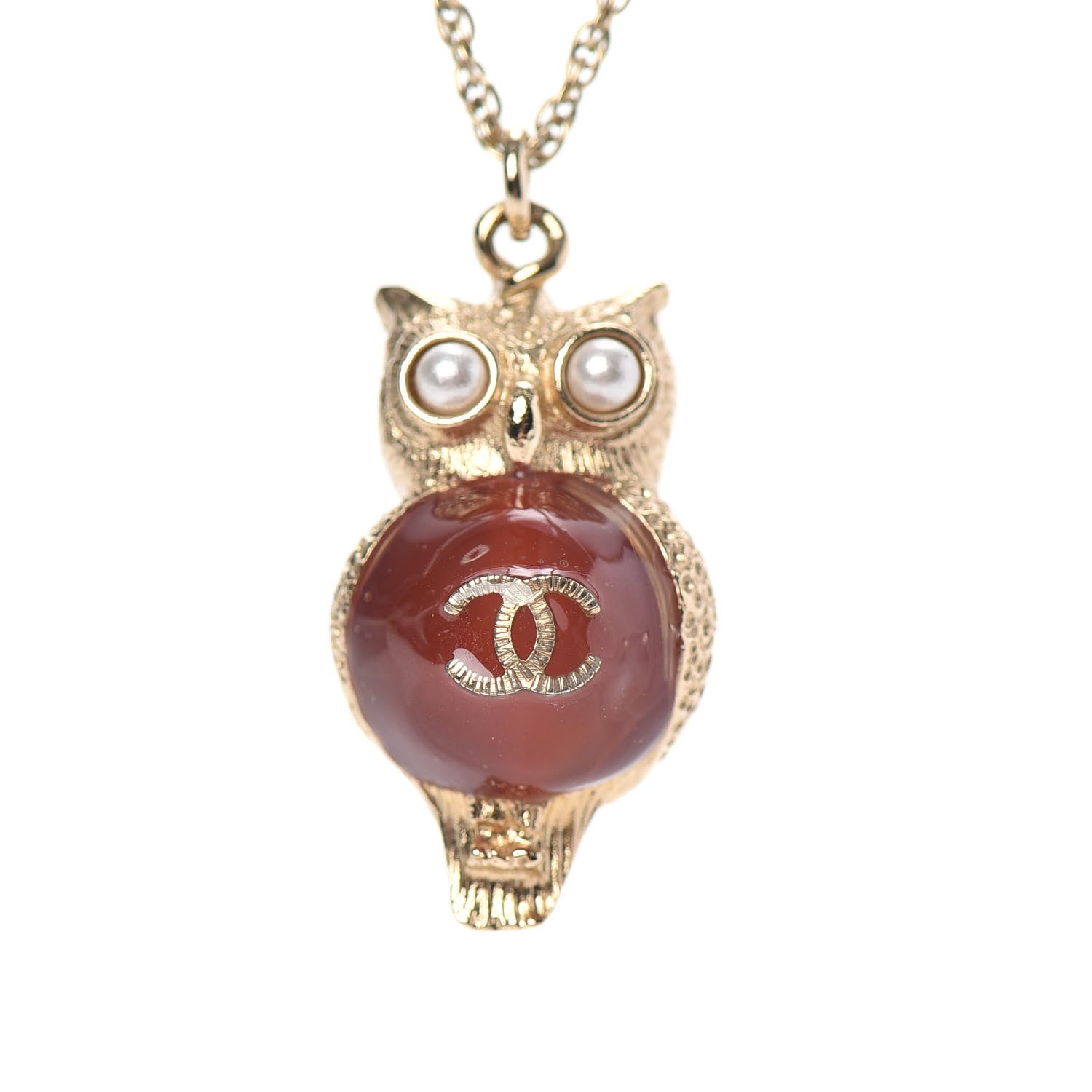 Chanel Resin Pearl CC Owl Necklace Gold Orange 4 of 6