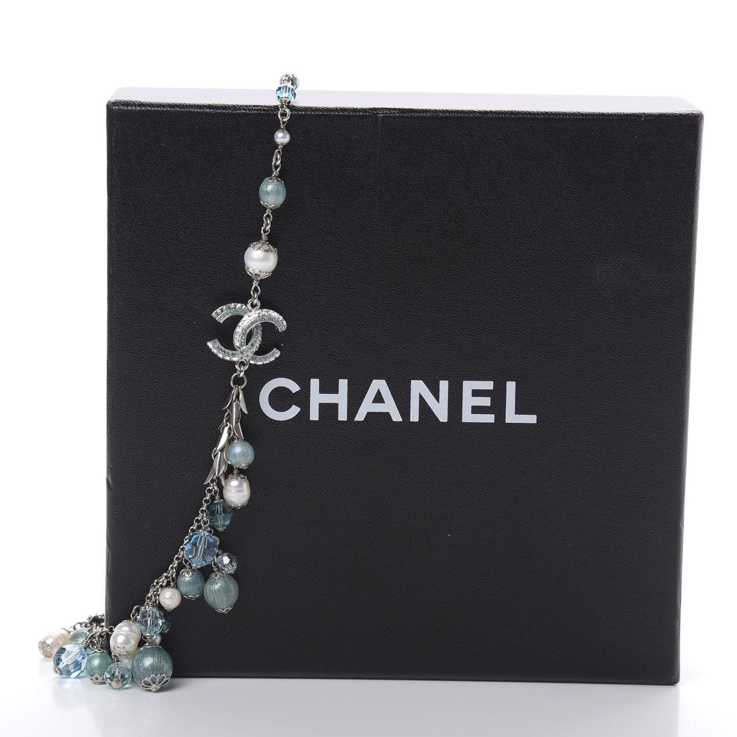Pearl Crystal CC Beaded Short Necklace Silver Blue
