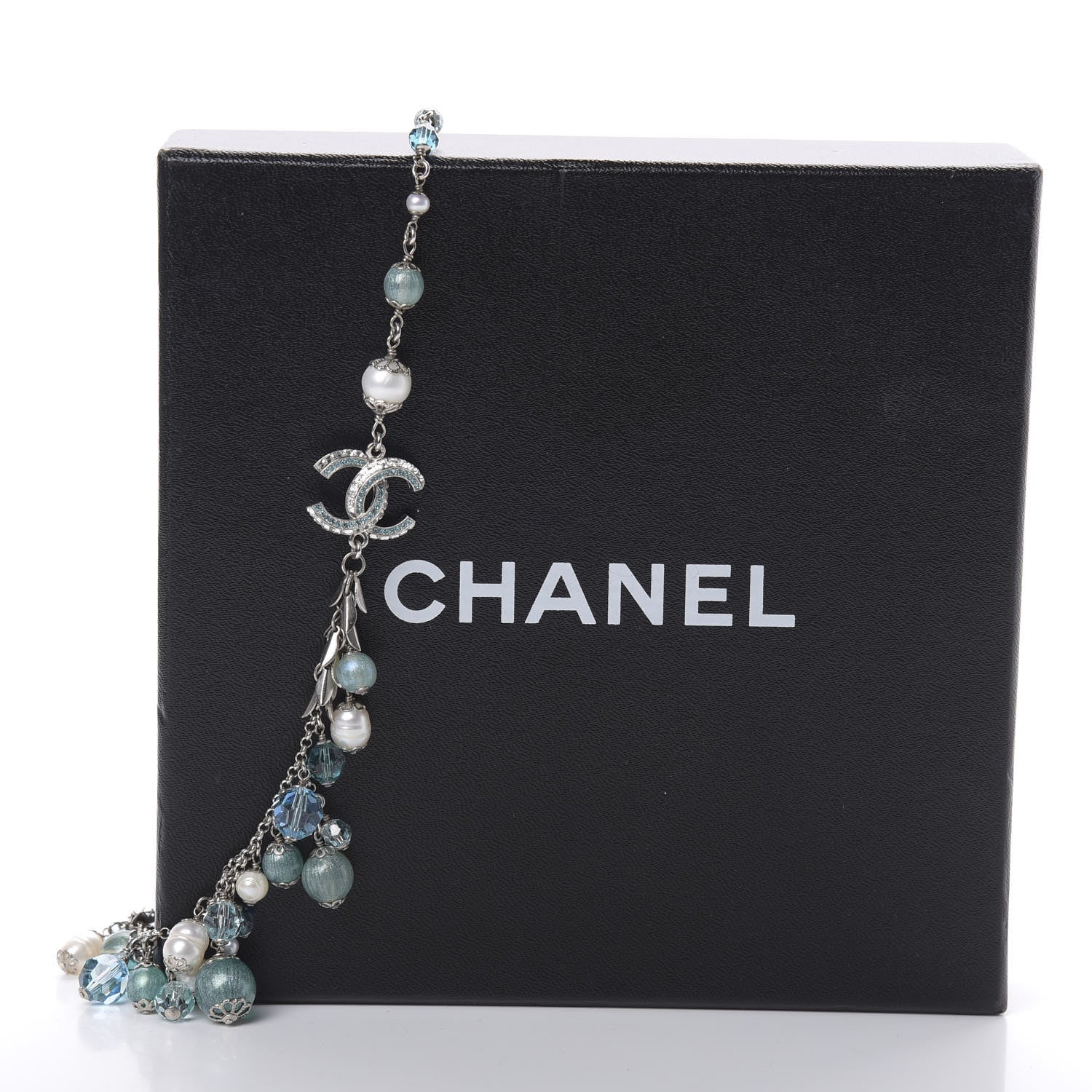 Chanel Pearl Crystal CC Beaded Short Necklace Silver Blue 5 of 5