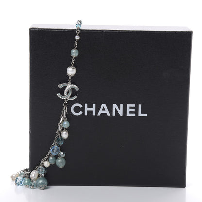 Chanel Pearl Crystal CC Beaded Short Necklace Silver Blue 5 of 5