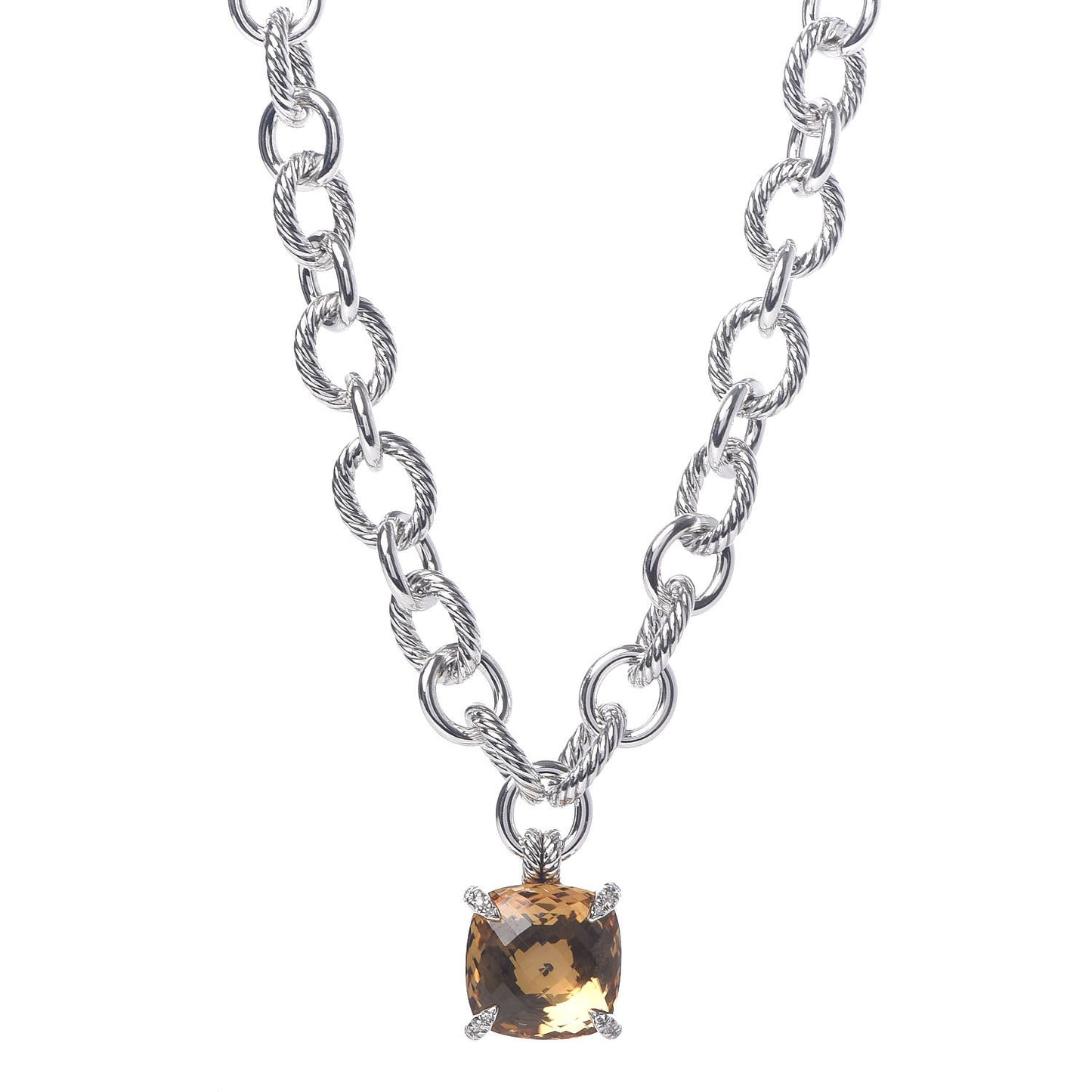 Sterling Silver Diamond Champagne Citrine 20mm Oval Chain Chatelaine Pendant Necklace