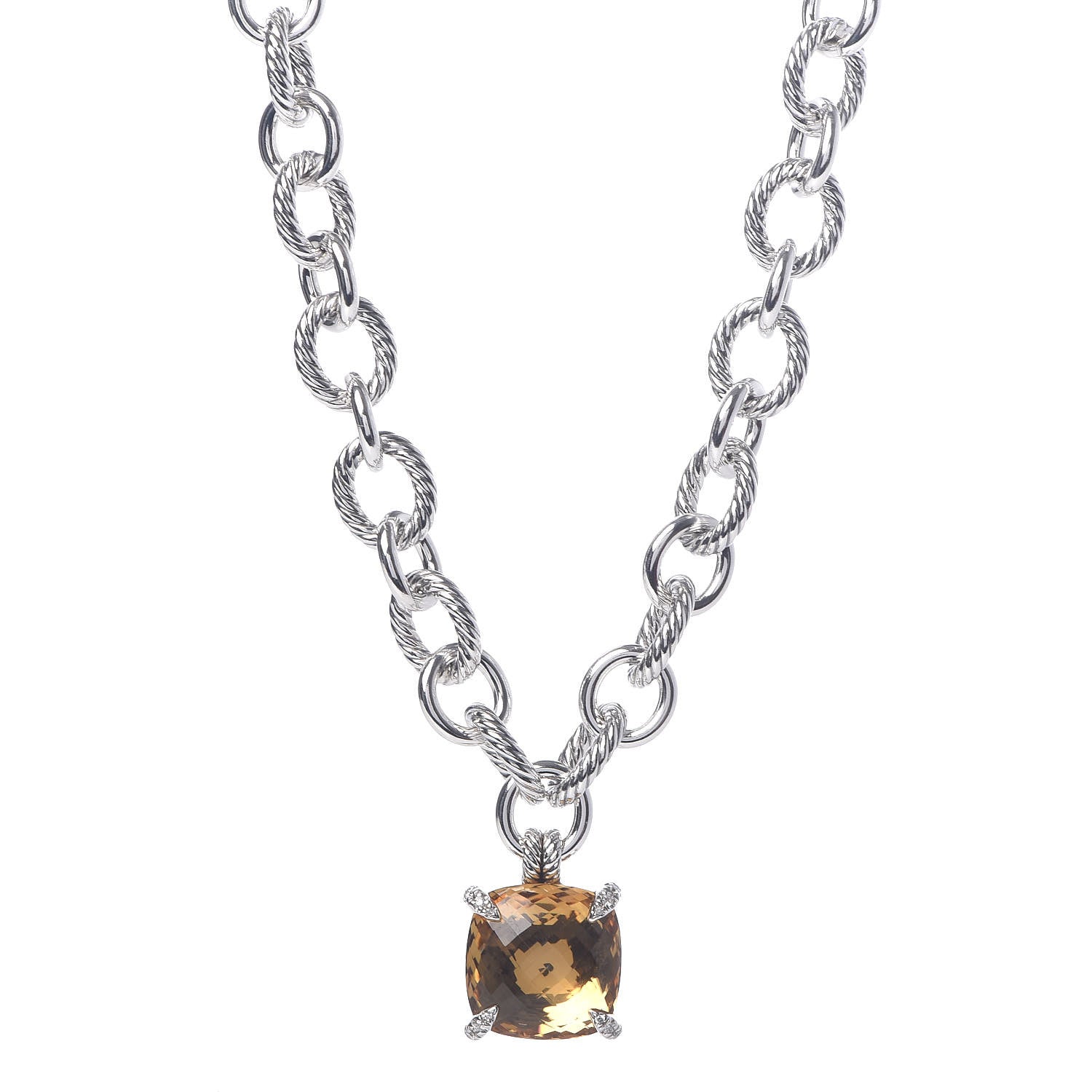 David Yurman Sterling Silver Diamond Champagne Citrine 20mm Oval Chain Chatelaine Pendant Necklace 1 of 6