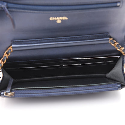 Chanel Goatskin Camellia Embossed Wallet On Chain WOC Navy 4 of 11