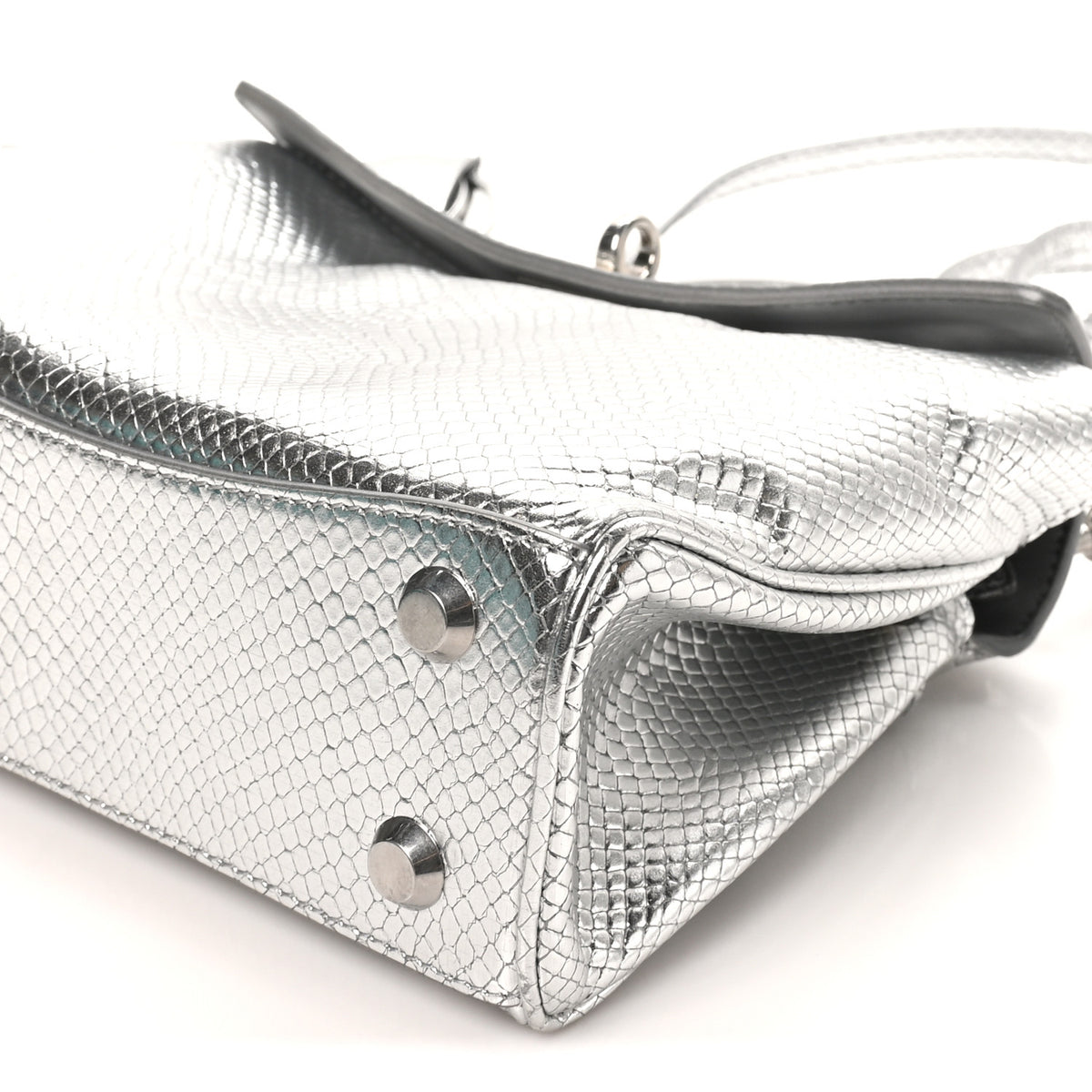 Metallic Calfskin Snakeskin Embossed Mini Rodeo Top Handle Handbag Silver