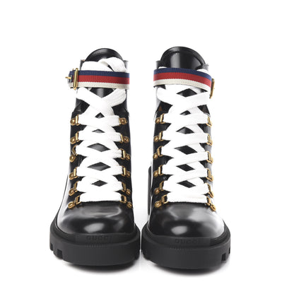 Gucci Calfskin Sylvie Web Womens Lace Up Combat Boots 38 Black 2 of 10