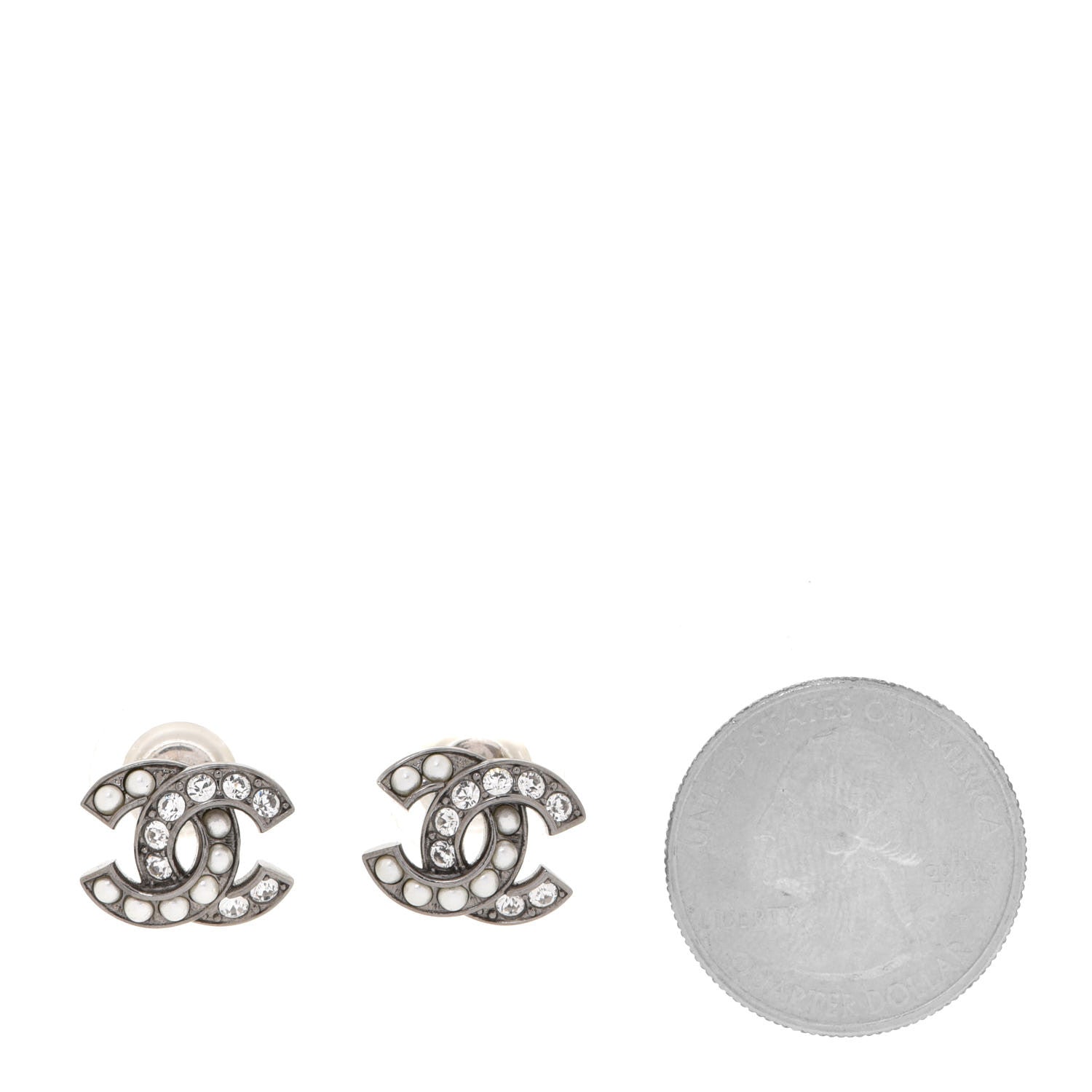 Chanel Pearl Crystal CC Earrings Ruthenium 2 of 5