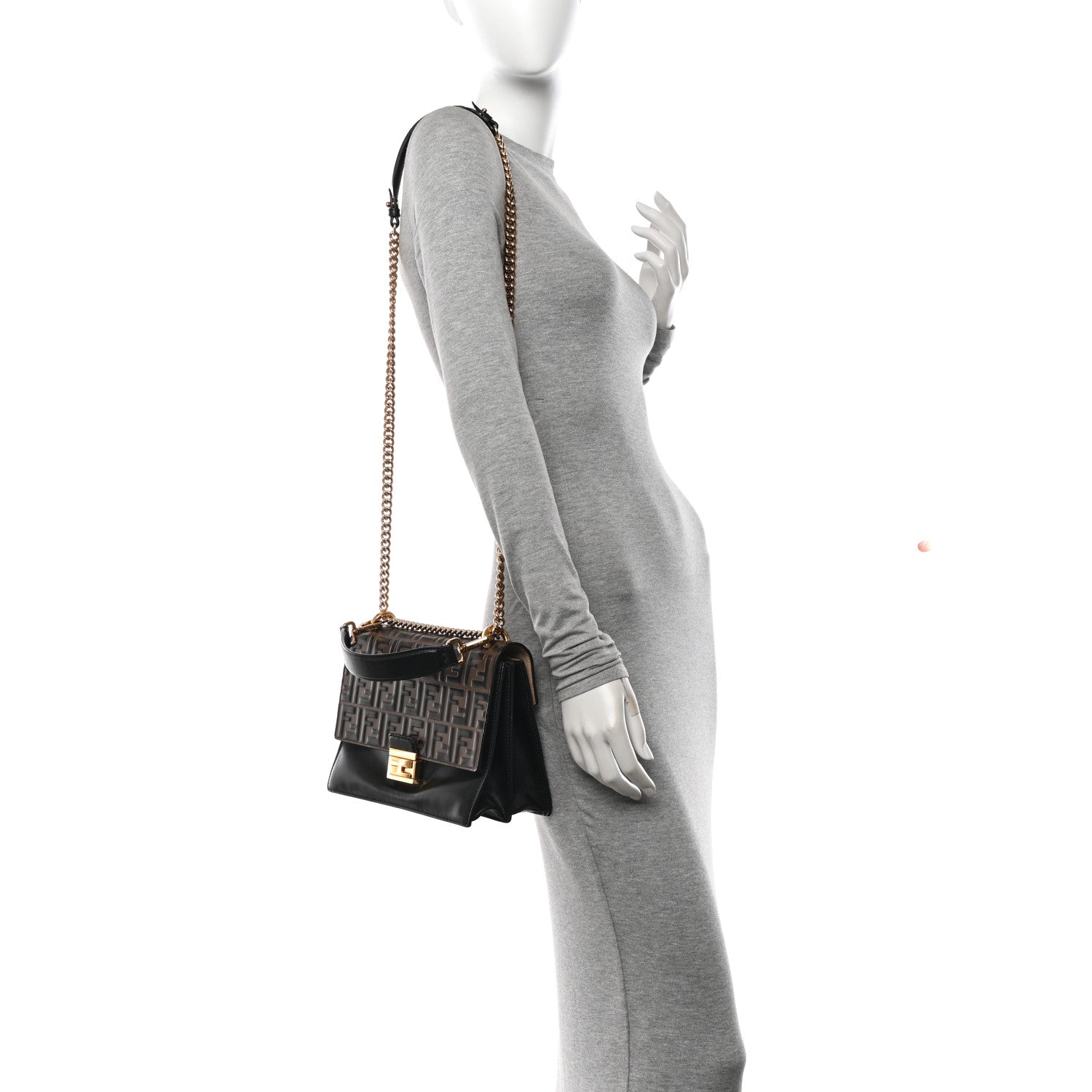 Fendi Vitello Liberty Bi-Color FF 1974 Embossed Chain Strap Kan U Shoulder Bag Black Maya 2 of 16