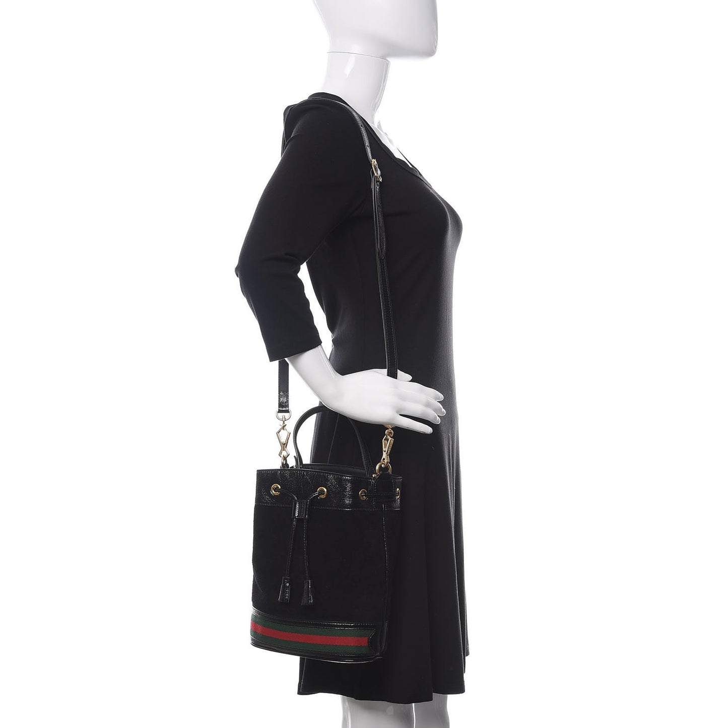 Suede Patent Web Small Ophidia Bucket Bag Black
