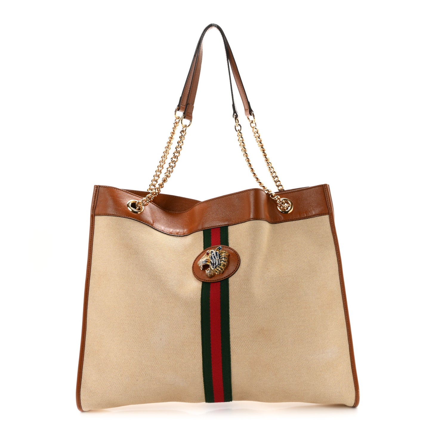 Vintage Canvas Calfskin Web Large Rajah Chain Tote Sand Light Cuir