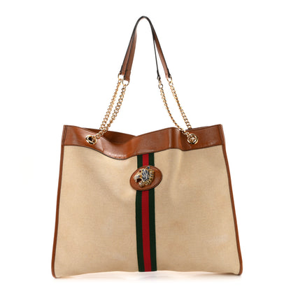 Gucci Vintage Canvas Calfskin Web Large Rajah Chain Tote Sand Light Cuir 1 of 12