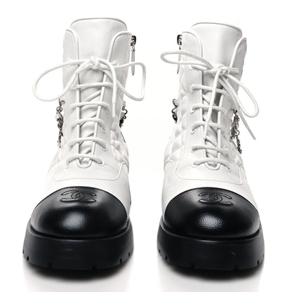 Chanel Caviar Calfskin Quilted Chain Lace Up Combat Boots 40 White Black 2 of 8