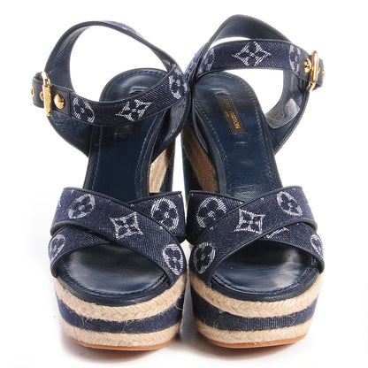 Louis Vuitton Monogram Denim Formentera Wedge Pumps 8.5 Grand Blue 2 of 9