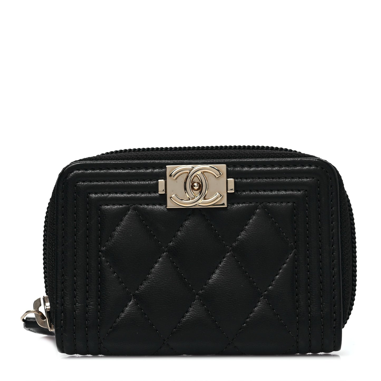 Lambskin Quilted Zip Around Boy Coin Purse Wallet Black