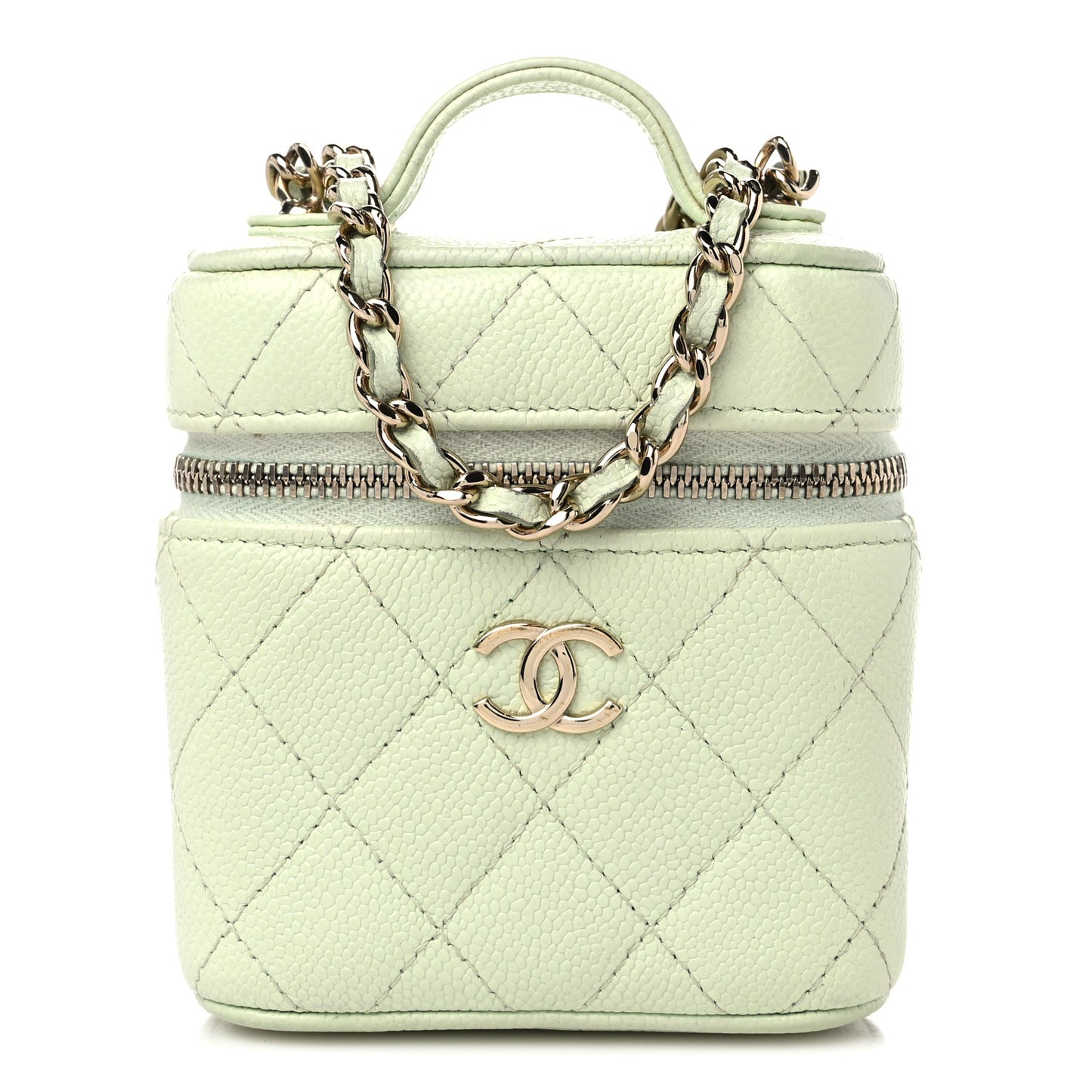 Caviar Quilted Small Handle With Care Vanity Case With Chain Light Green