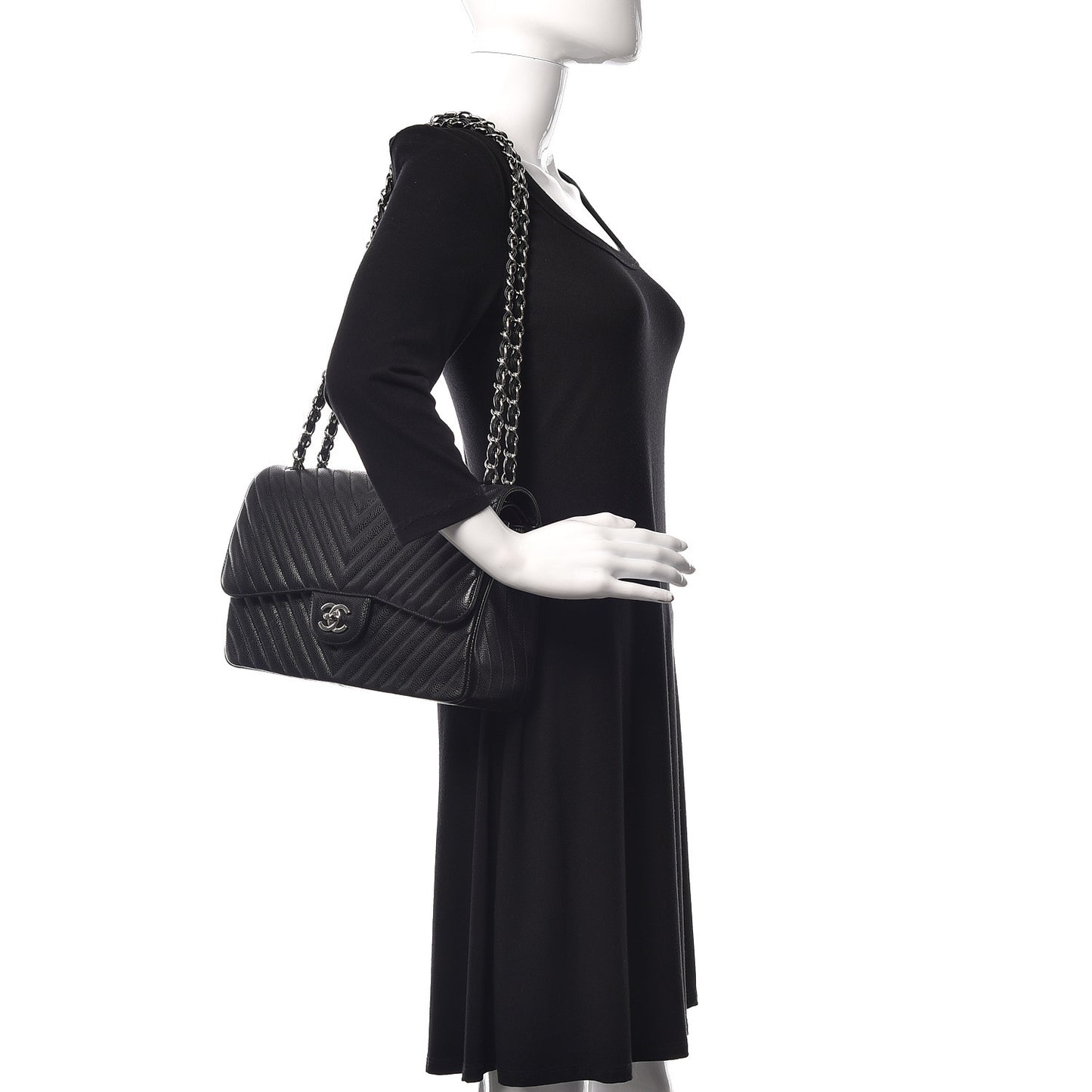 Caviar Chevron Quilted Jumbo Double Flap Black