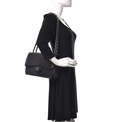Chanel Caviar Chevron Quilted Jumbo Double Flap Black 2 of 11