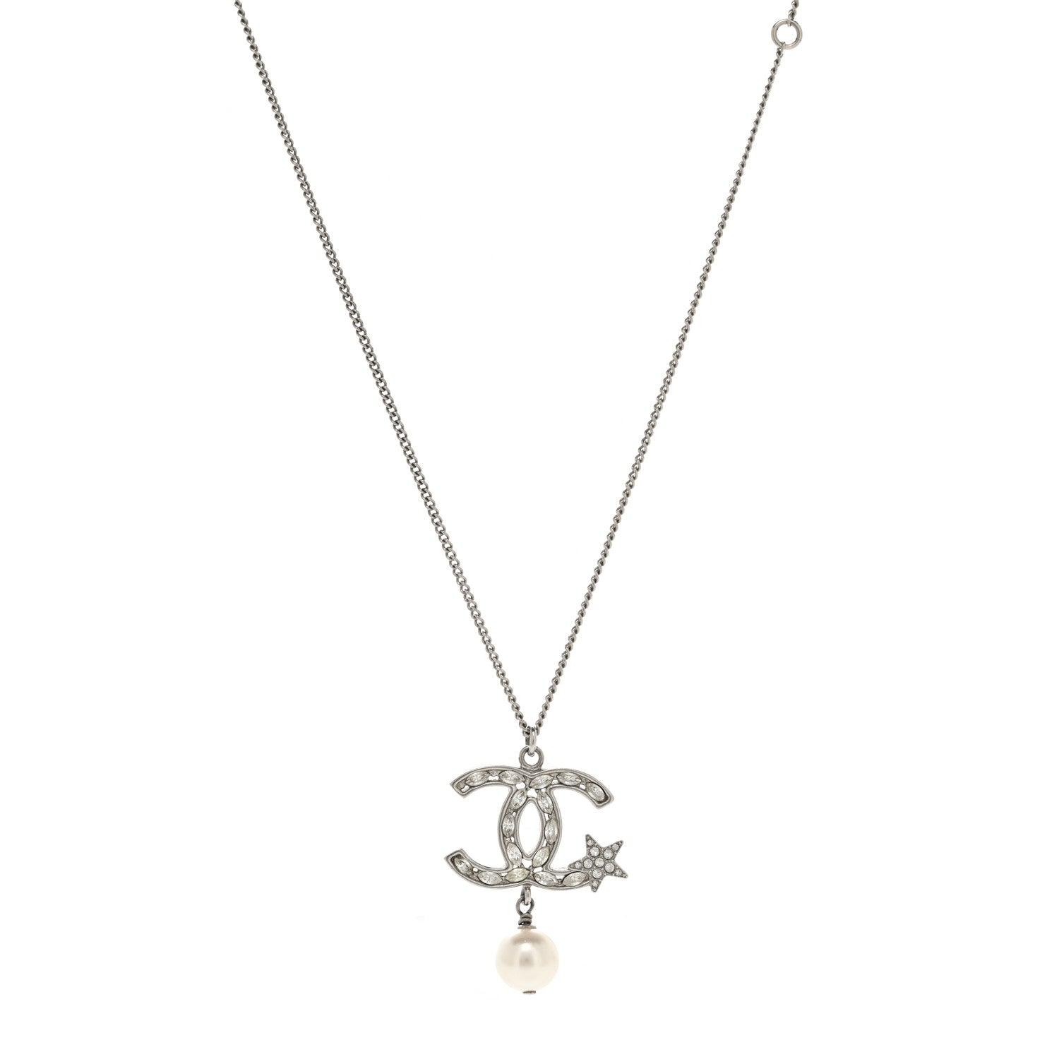 Chanel Crystal CC Star Pearl Drop Necklace Silver 1 of 5