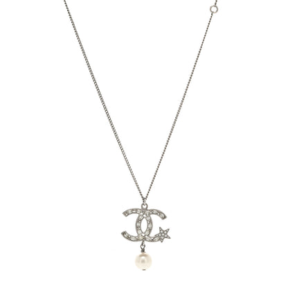 Chanel Crystal CC Star Pearl Drop Necklace Silver 1 of 5