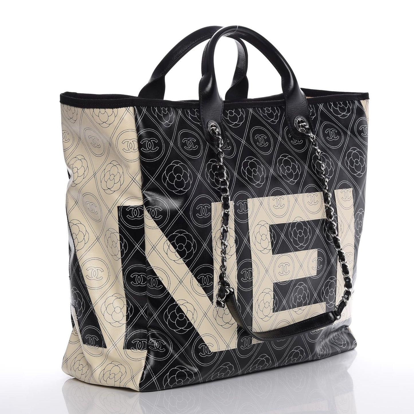 Printed Canvas Large Shopping Tote Black Beige