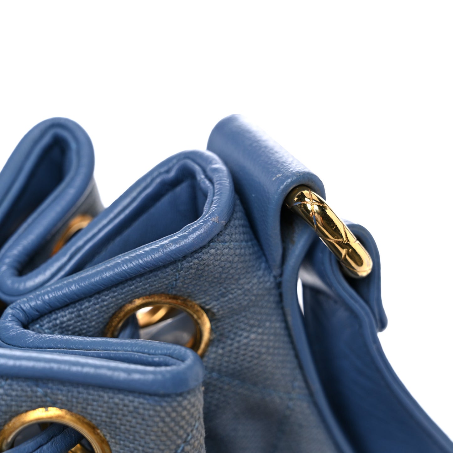 Canvas Quilted CC Drawstring Bucket Bag Blue