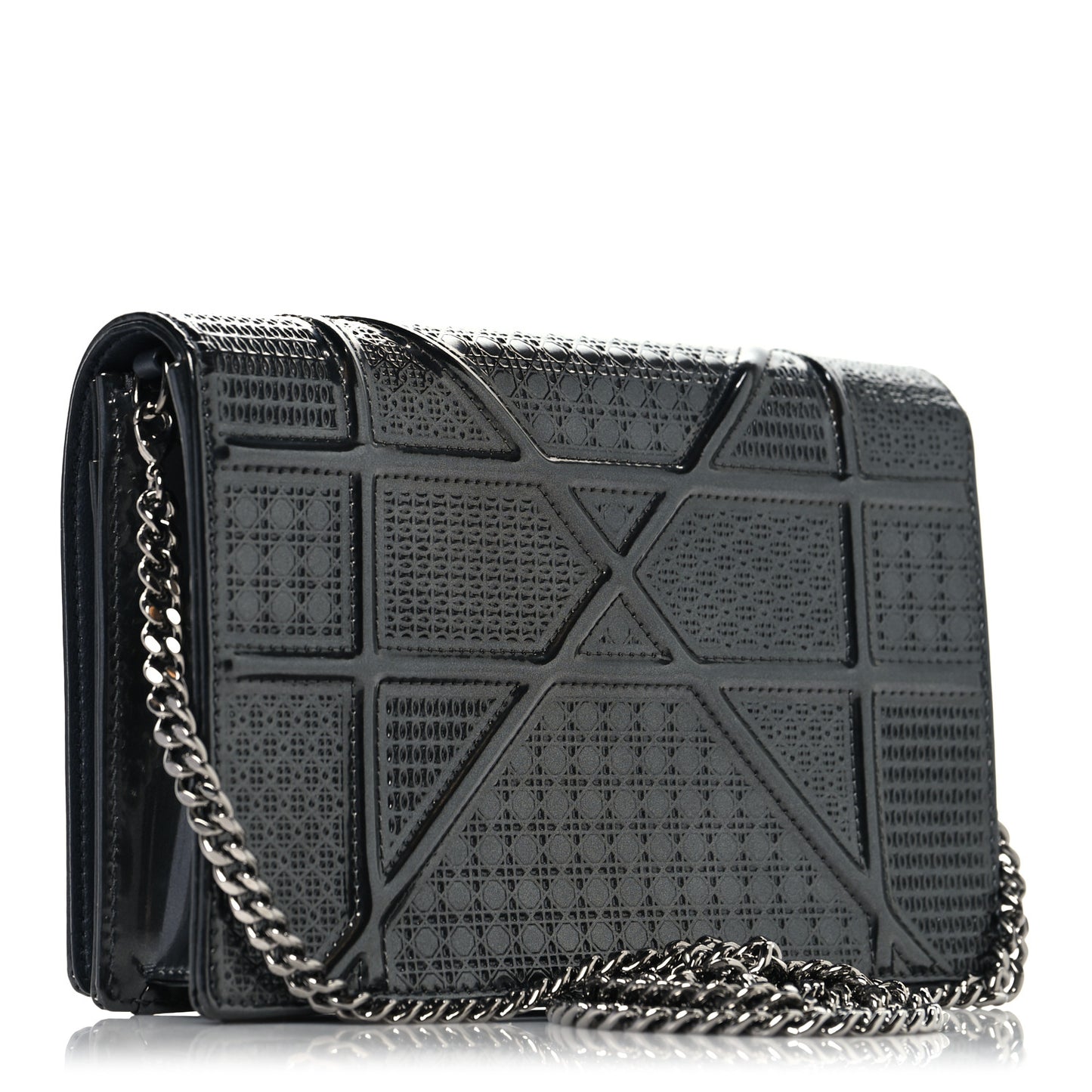 Metallic Patent Micro-Cannage Diorama Wallet on Chain Pouch Onyx Black