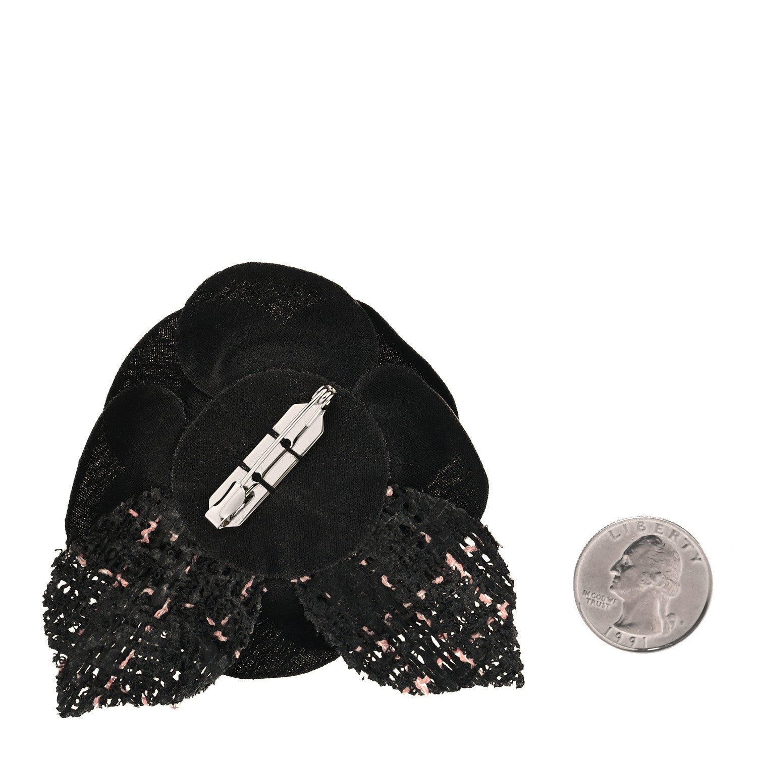 Chanel Tweed Camellia Pin Brooch Black Pink 2 of 3