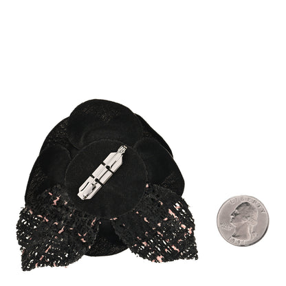 Chanel Tweed Camellia Pin Brooch Black Pink 2 of 3