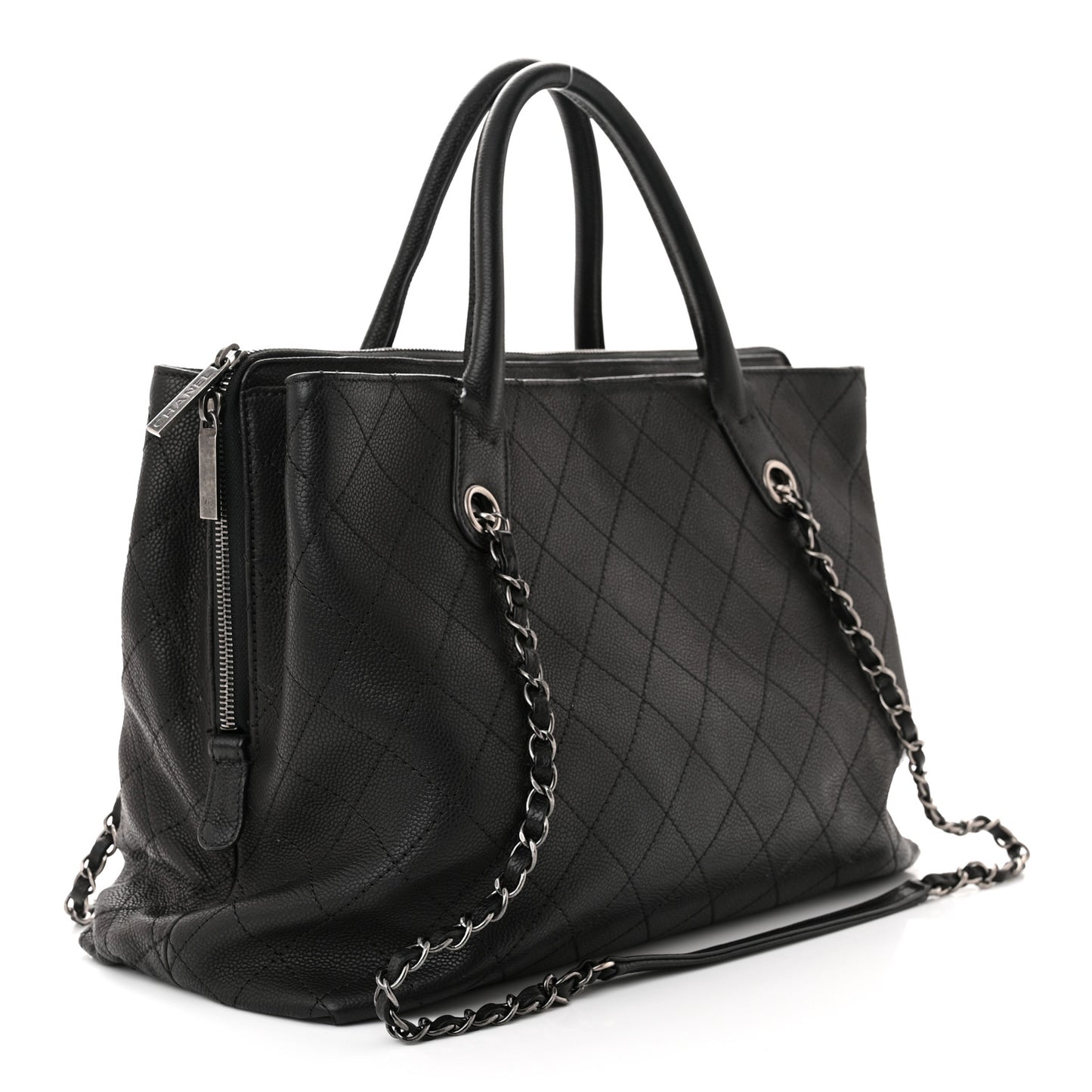 Grained Vegetal Calfskin Stitched Shopping Tote Black