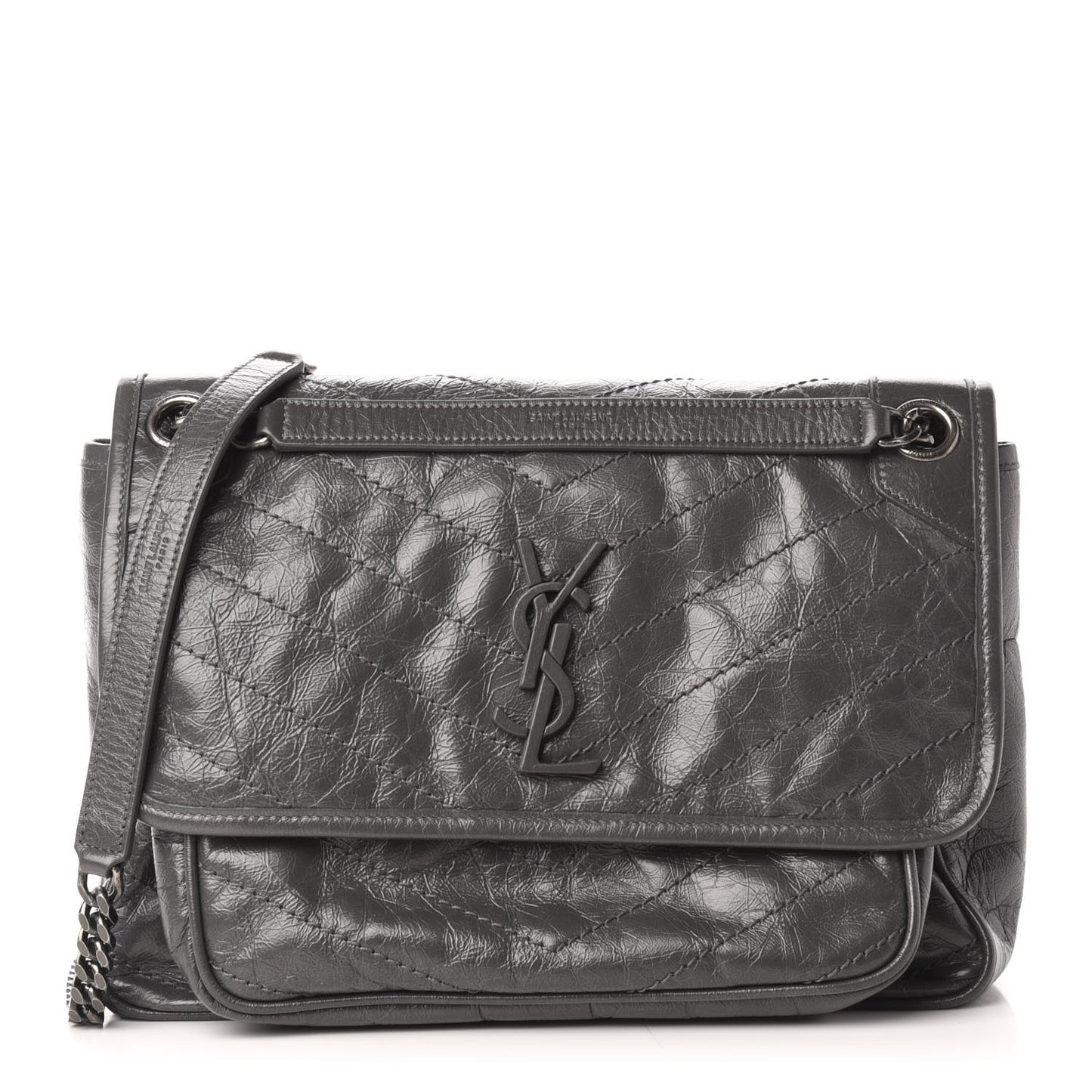 Crinkled Calfskin Matelasse Monogram Medium Niki Chain Satchel Storm